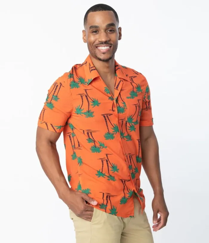 Collectif 1940s Orange and Palm Beach Print Oscar Mens Shirt Clothing Unique Vintage Blouses