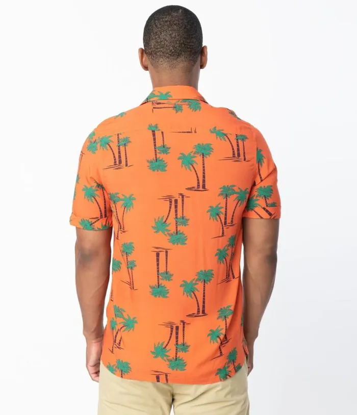 Collectif 1940s Orange and Palm Beach Print Oscar Mens Shirt Clothing Unique Vintage Blouses