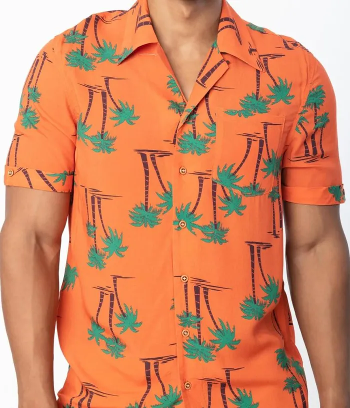 Collectif 1940s Orange and Palm Beach Print Oscar Mens Shirt Clothing Unique Vintage Blouses