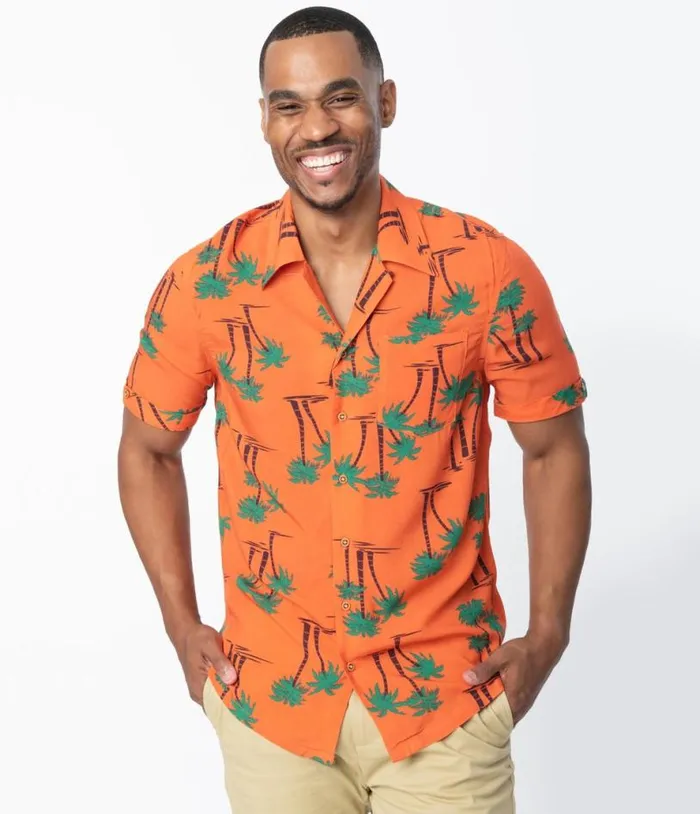 Collectif 1940s Orange and Palm Beach Print Oscar Mens Shirt Clothing Unique Vintage Blouses