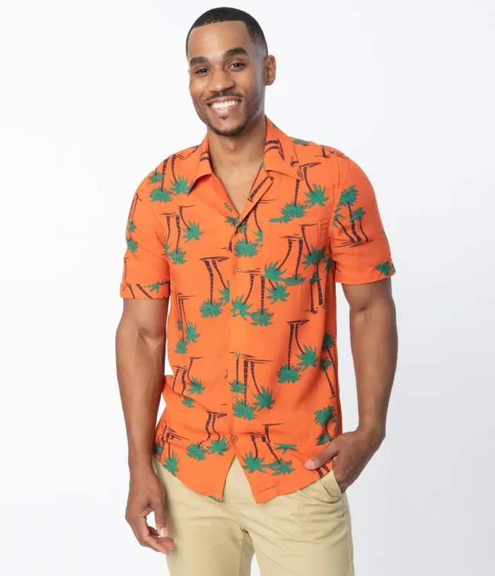 Collectif 1940s Orange and Palm Beach Print Oscar Mens Shirt Clothing Unique Vintage Blouses