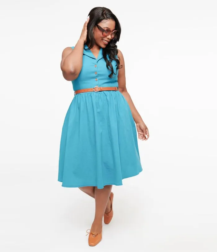 Collectif Plus Size 1950s Blue Denim Donda Swing Dress DressesPlus Unique Vintage Pocket Dresses Collectif Plus Size 1950s Blue Denim Donda Swing Dress DressesPlus Unique Vintage Pocket Dresses