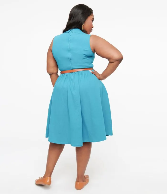 Collectif Plus Size 1950s Blue Denim Donda Swing Dress DressesPlus Unique Vintage Pocket Dresses