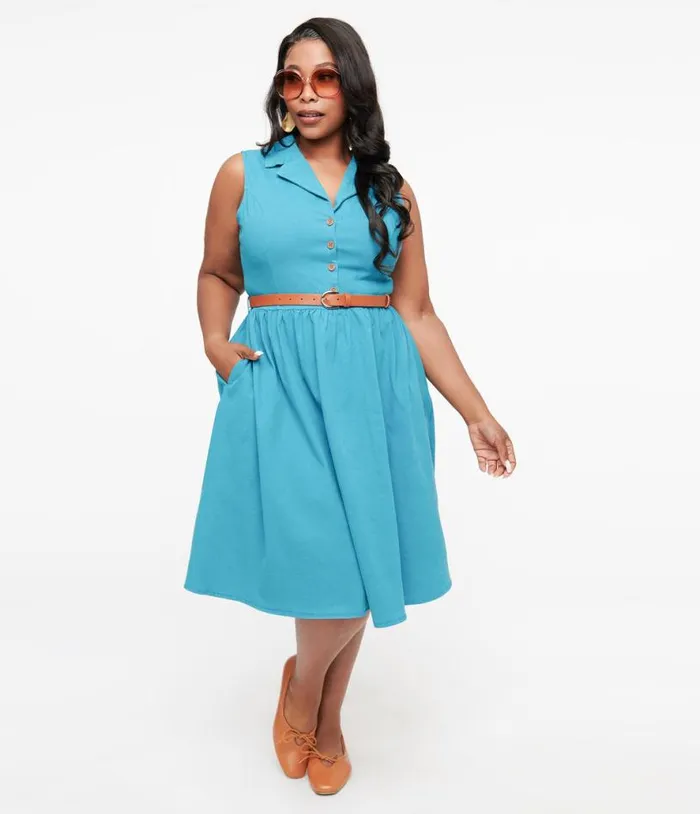 Collectif Plus Size 1950s Blue Denim Donda Swing Dress DressesPlus Unique Vintage Pocket Dresses