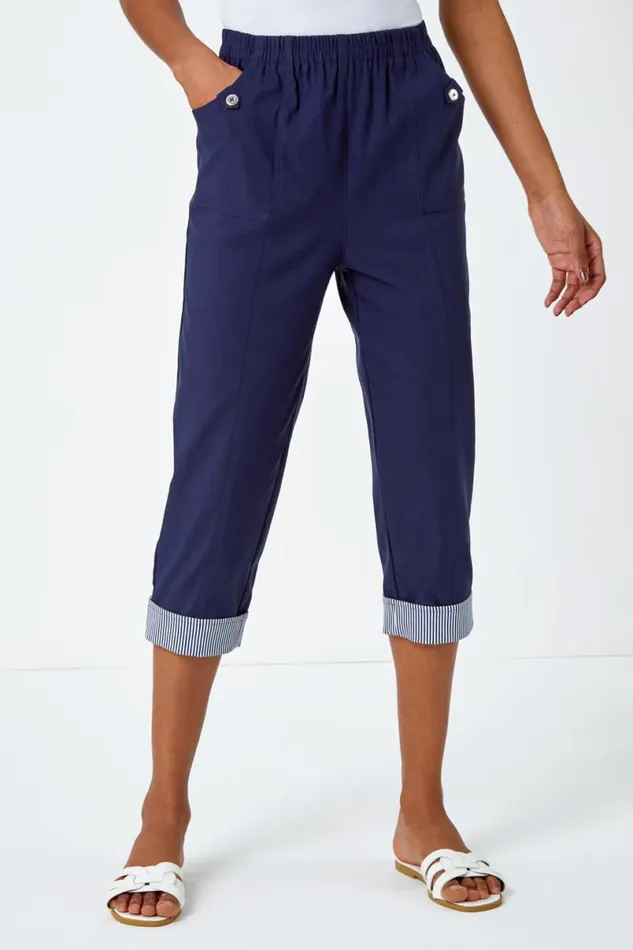 Contrast Elastic Waist Cropped Trousers Women Roman Trousers