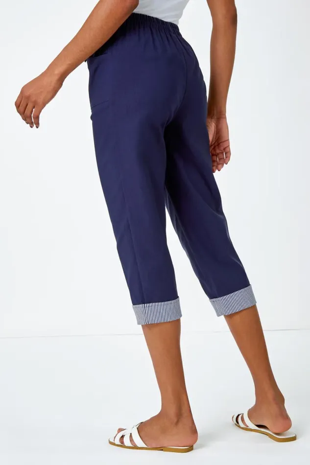 Contrast Elastic Waist Cropped Trousers Women Roman Trousers