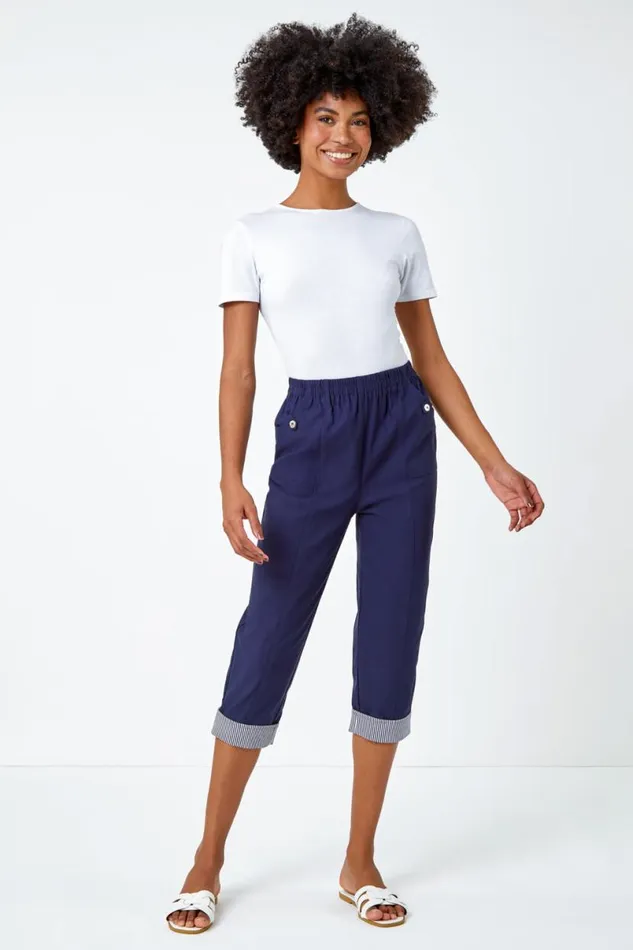Contrast Elastic Waist Cropped Trousers Women Roman Trousers