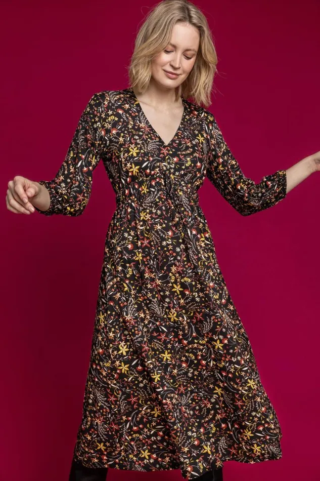 Copper Floral Print Tie Front Dress Women Roman Dresses