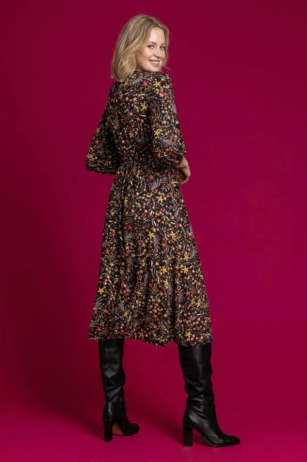 Copper Floral Print Tie Front Dress Women Roman Dresses
