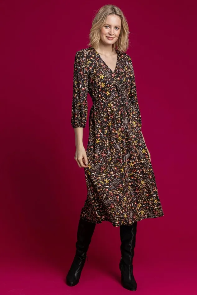 Copper Floral Print Tie Front Dress Women Roman Dresses