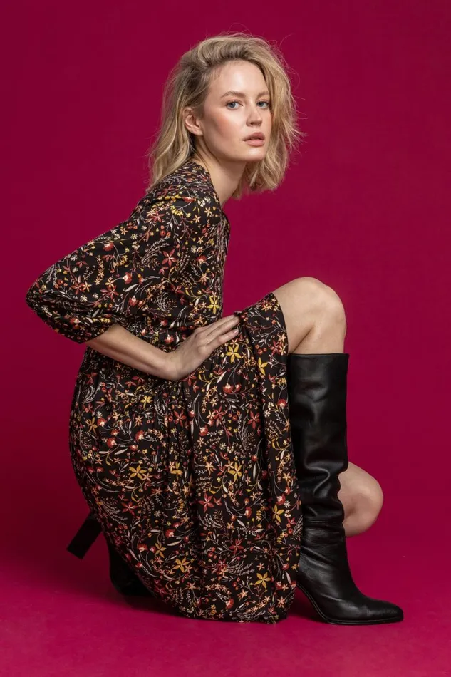 Copper Floral Print Tie Front Dress Women Roman Dresses