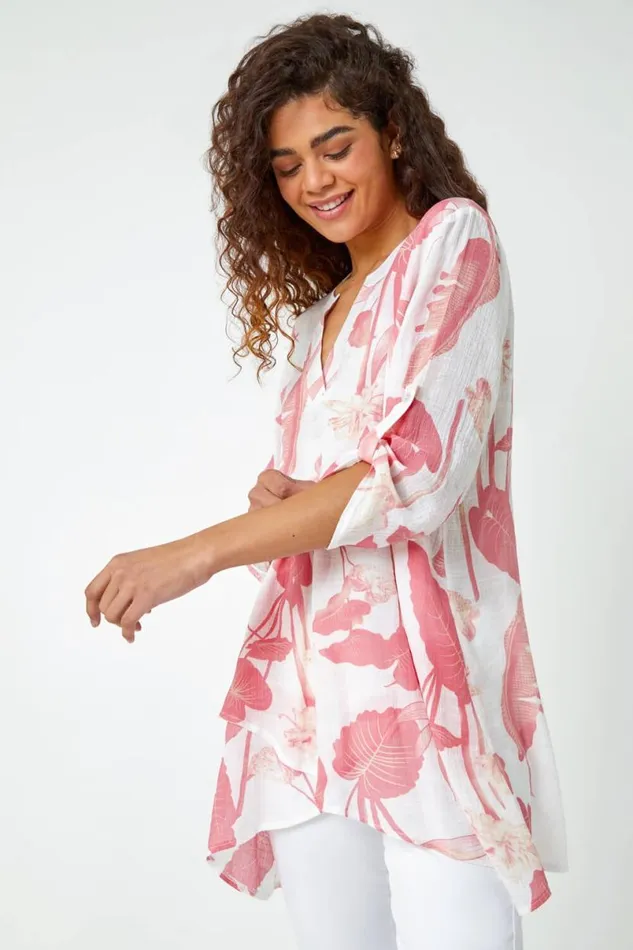 Coral Palm Print VNeck Wrap Hem Tunic Top Women Roman Tops
