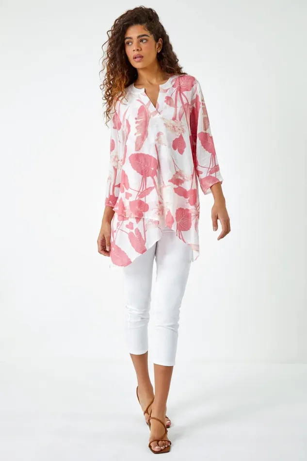 Coral Palm Print VNeck Wrap Hem Tunic Top Women Roman Tops