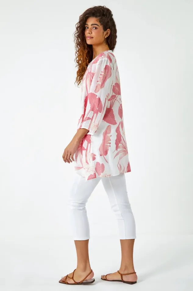 Coral Palm Print VNeck Wrap Hem Tunic Top Women Roman Tops
