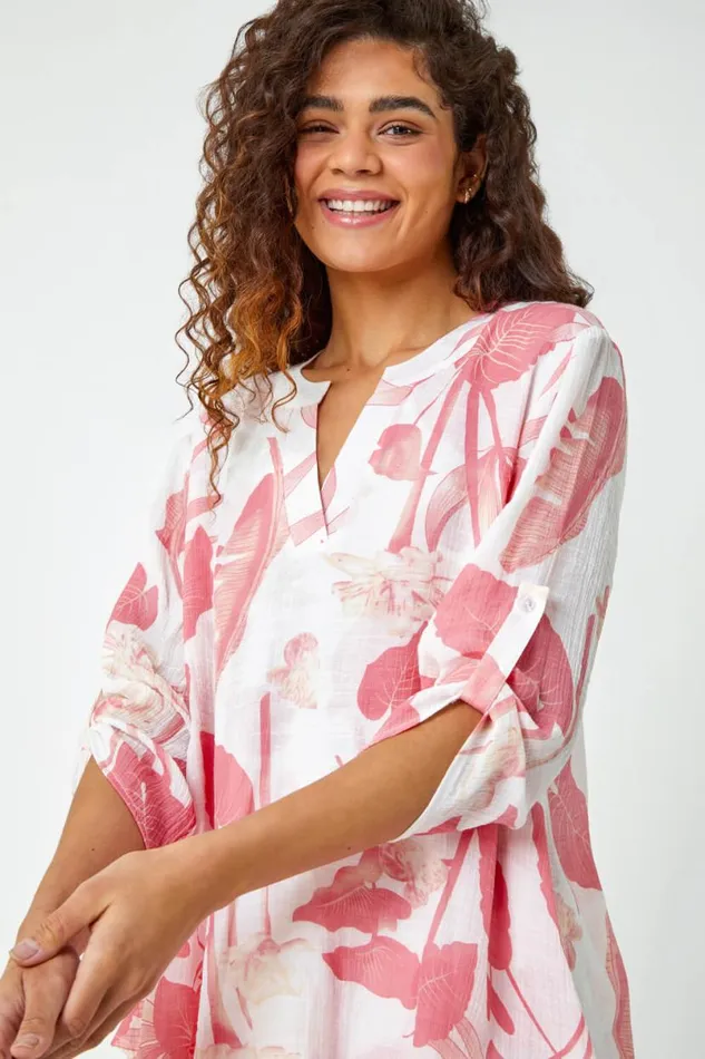 Coral Palm Print VNeck Wrap Hem Tunic Top Women Roman Tops