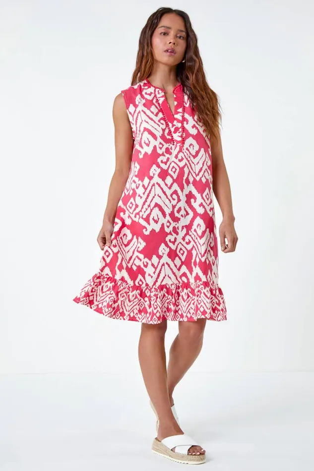 Coral Petite Aztec Print Frill Hem Dress Women Roman Dresses