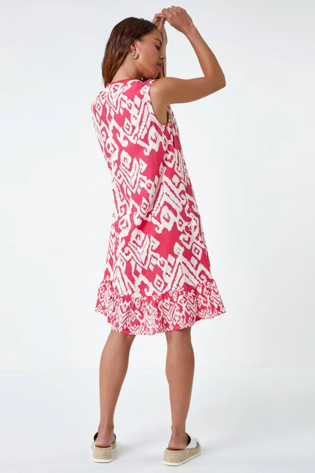 Coral Petite Aztec Print Frill Hem Dress Women Roman Dresses