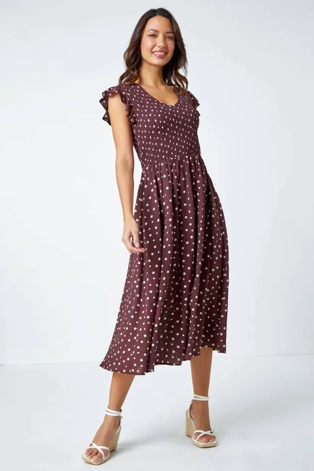 Cotton Blend Polka Dot Midi Dress Women Roman Dresses