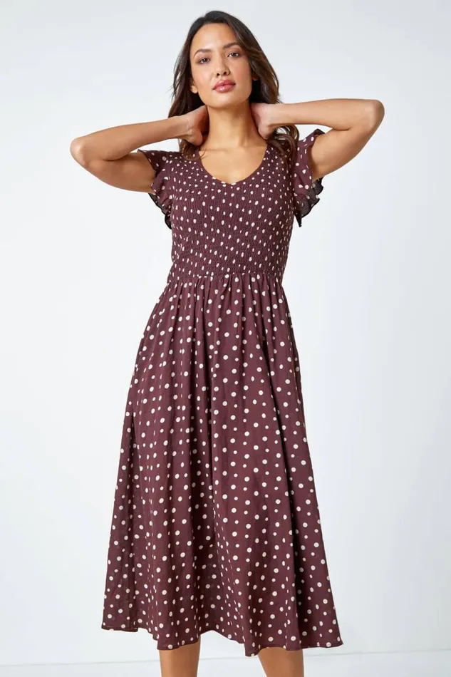 Cotton Blend Polka Dot Midi Dress Women Roman Dresses