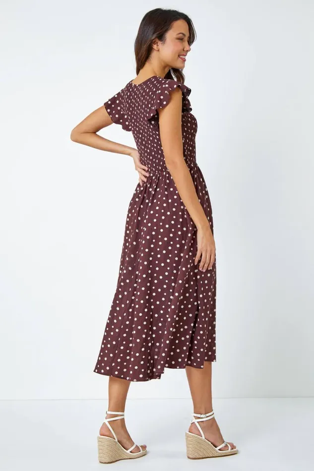Cotton Blend Polka Dot Midi Dress Women Roman Dresses