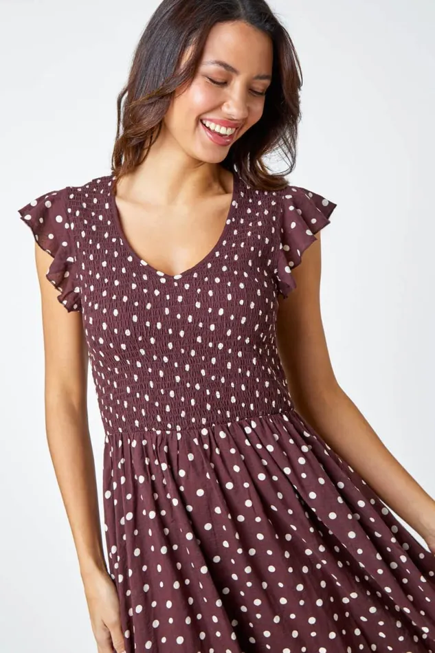 Cotton Blend Polka Dot Midi Dress Women Roman Dresses