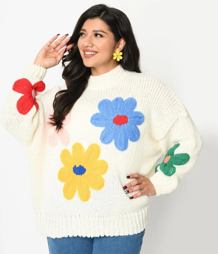 Cream and 3D Multicolor Floral Knit Pullover ClothingPlus Unique Vintage Sweaters and Cardigans Cream and 3D Multicolor Floral Knit Pullover ClothingPlus Unique Vintage Sweaters and Cardigans