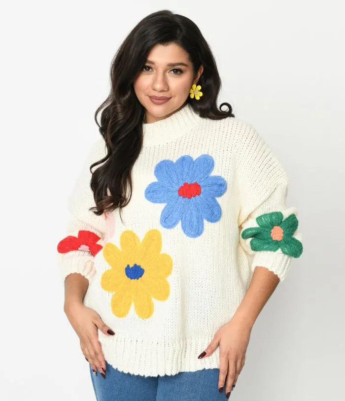 Cream and 3D Multicolor Floral Knit Pullover ClothingPlus Unique Vintage Sweaters and Cardigans