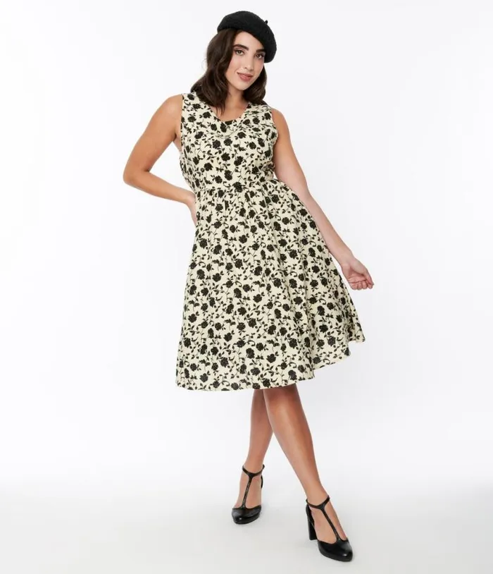 Cream and Black Floral Swing Dress Dresses Unique Vintage Pocket Dresses