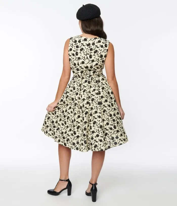 Cream and Black Floral Swing Dress Dresses Unique Vintage Pocket Dresses