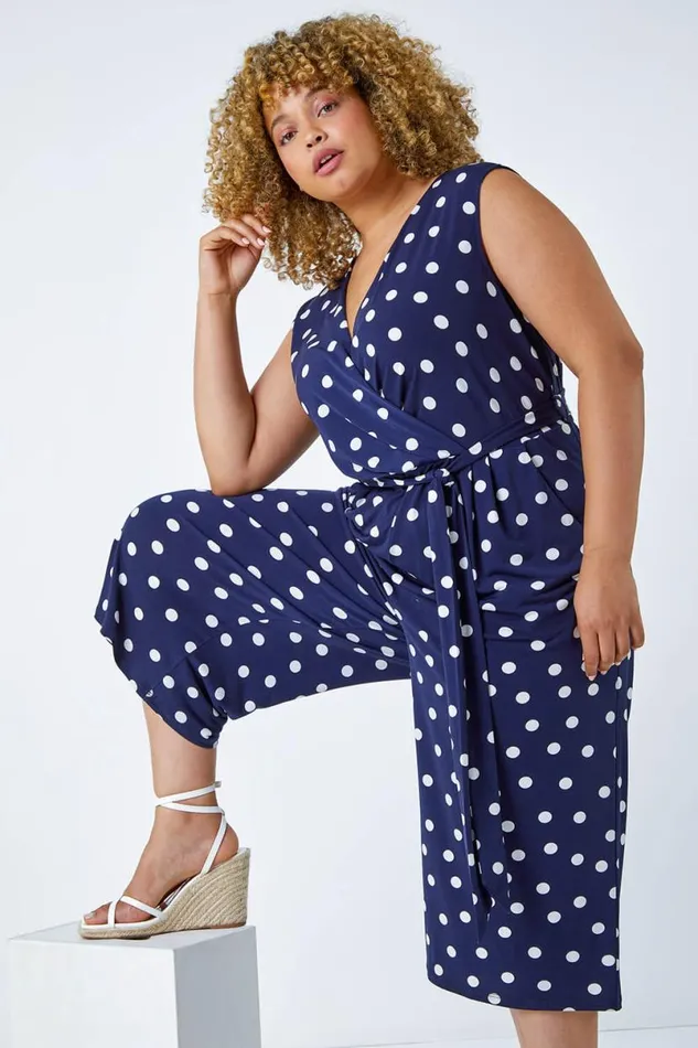 Curve Spot Print Wrap Jumpsuit Women Roman Dresses