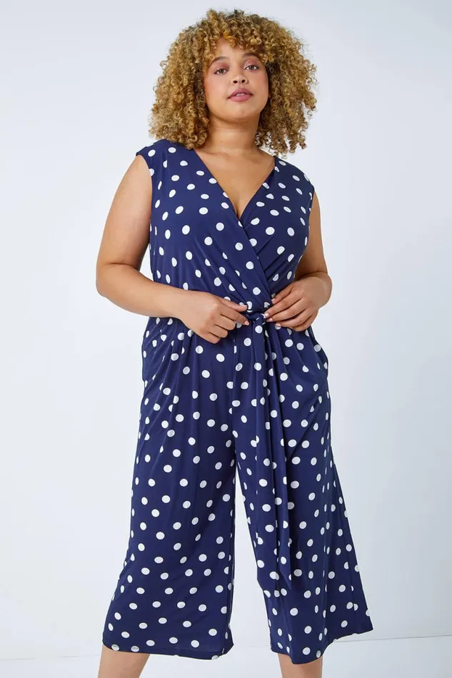 Curve Spot Print Wrap Jumpsuit Women Roman Dresses