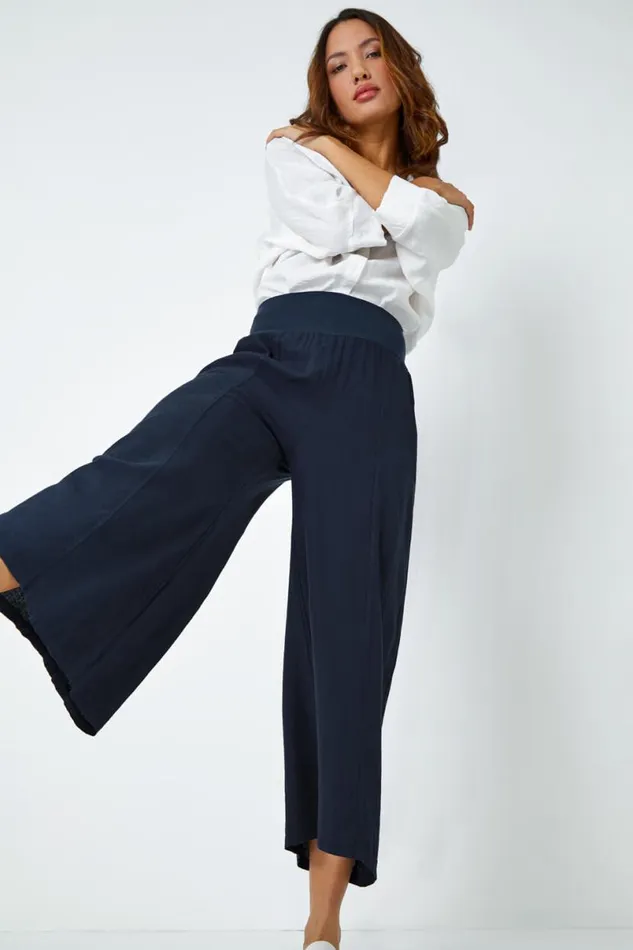 Dark Denim Linen Blend Elastic Waist Cropped Culottes Women Roman Trousers