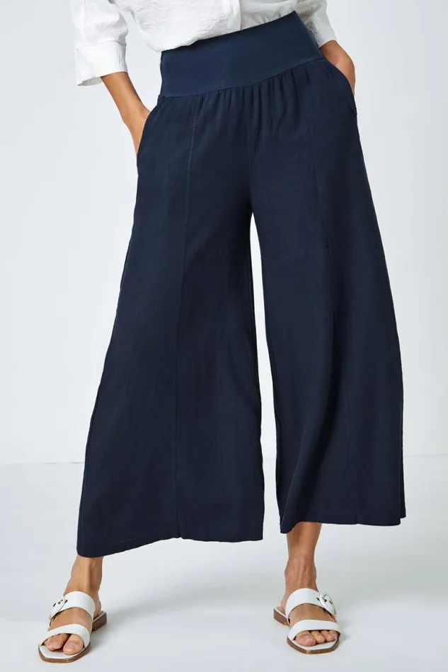 Dark Denim Linen Blend Elastic Waist Cropped Culottes Women Roman Trousers