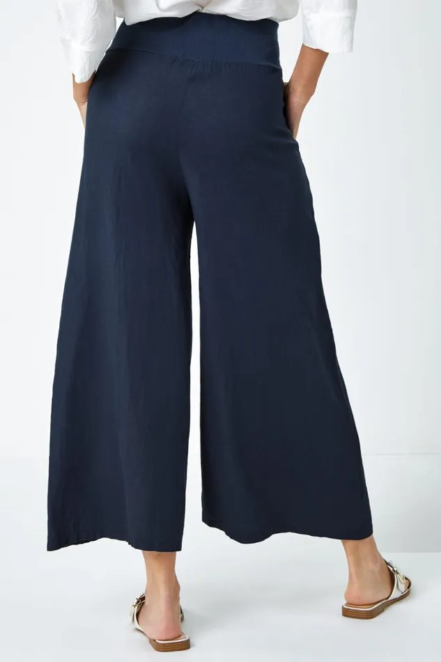 Dark Denim Linen Blend Elastic Waist Cropped Culottes Women Roman Trousers