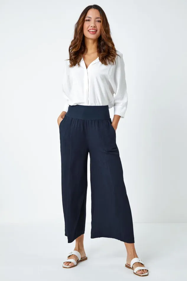 Dark Denim Linen Blend Elastic Waist Cropped Culottes Women Roman Trousers