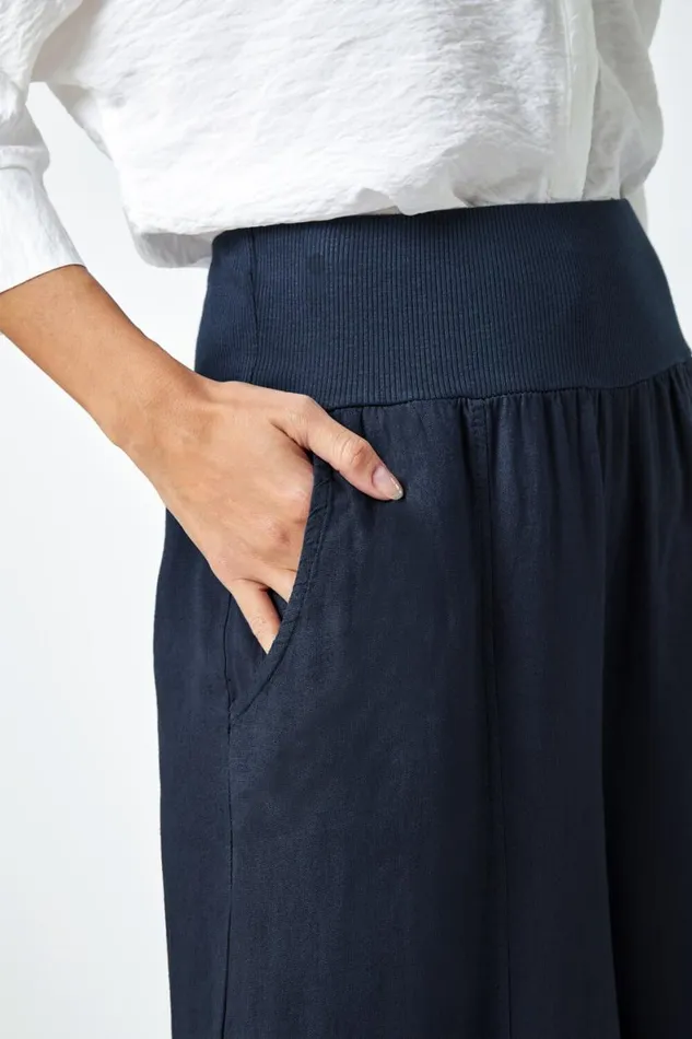 Dark Denim Linen Blend Elastic Waist Cropped Culottes Women Roman Trousers