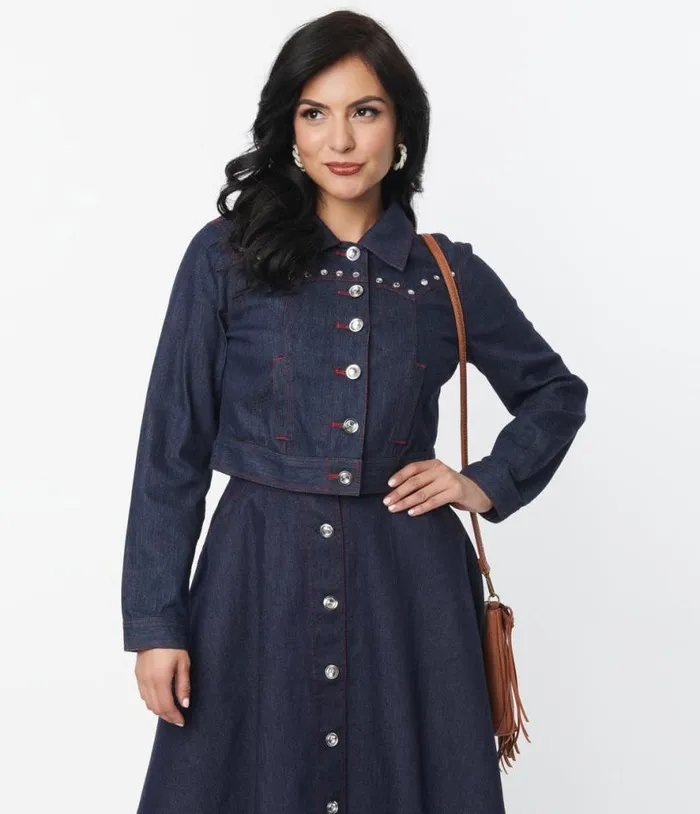 Dark Denim Western Boxy Crop Jacket Clothing Unique Vintage Coats and Jackets