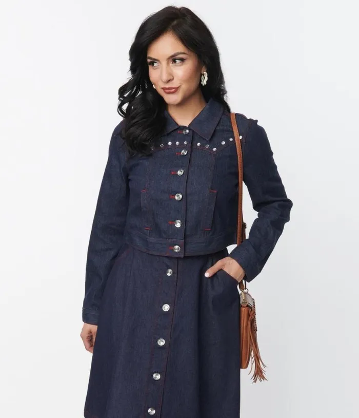Dark Denim Western Boxy Crop Jacket Clothing Unique Vintage Coats and Jackets