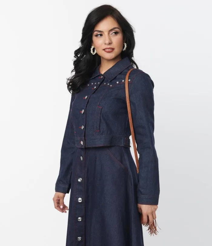 Dark Denim Western Boxy Crop Jacket Clothing Unique Vintage Coats and Jackets