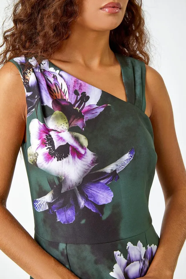 Dark Green Floral Asymmetric Pleat Detail Stretch Dress Women Roman Dresses