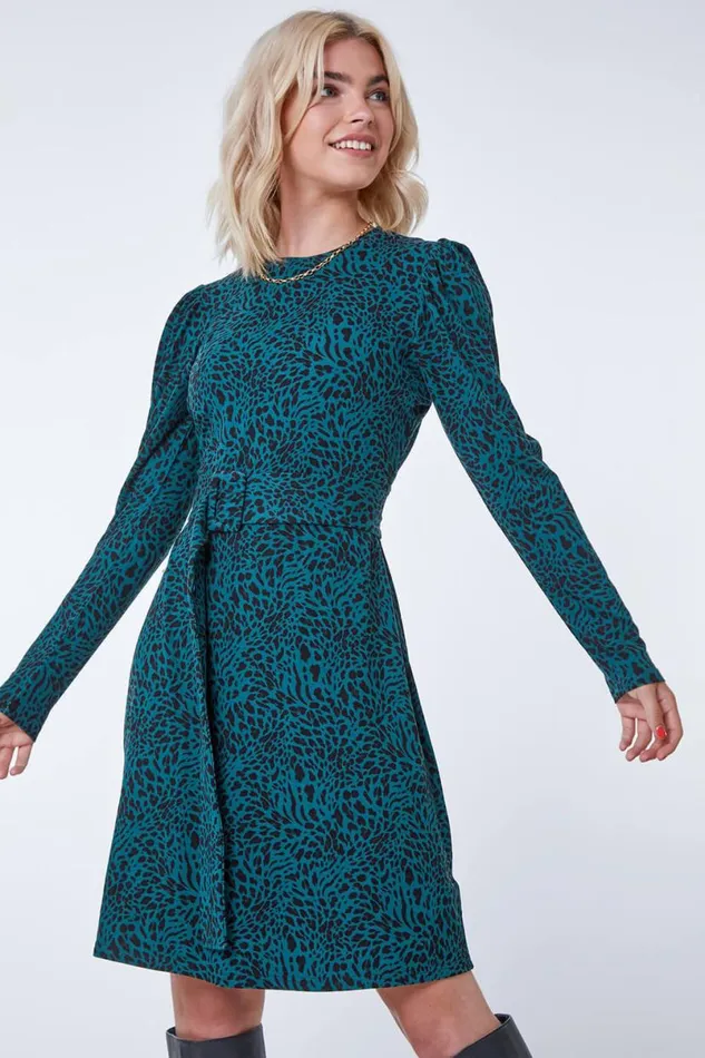 Dark Green Leopard Print Belted Fit and Flare Dress Women Roman Dresses