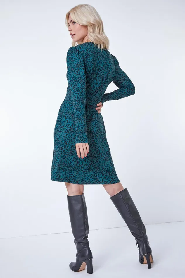 Dark Green Leopard Print Belted Fit and Flare Dress Women Roman Dresses