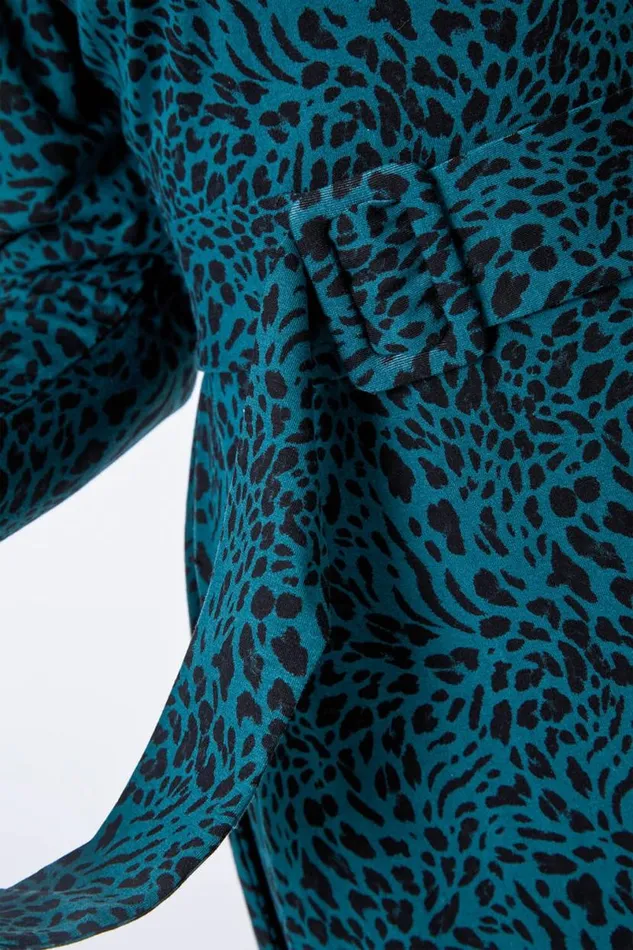 Dark Green Leopard Print Belted Fit and Flare Dress Women Roman Dresses