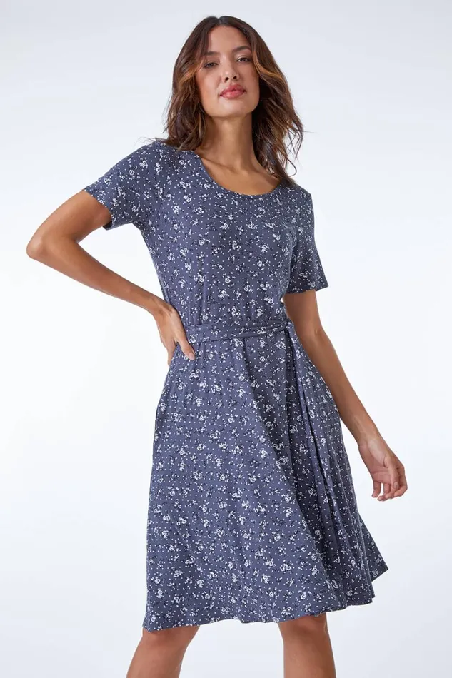 Dark Grey Ditsy Floral Fit and Flare Dress Women Roman Dresses