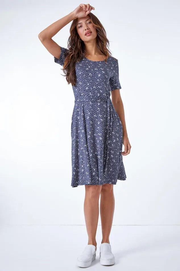 Dark Grey Ditsy Floral Fit and Flare Dress Women Roman Dresses