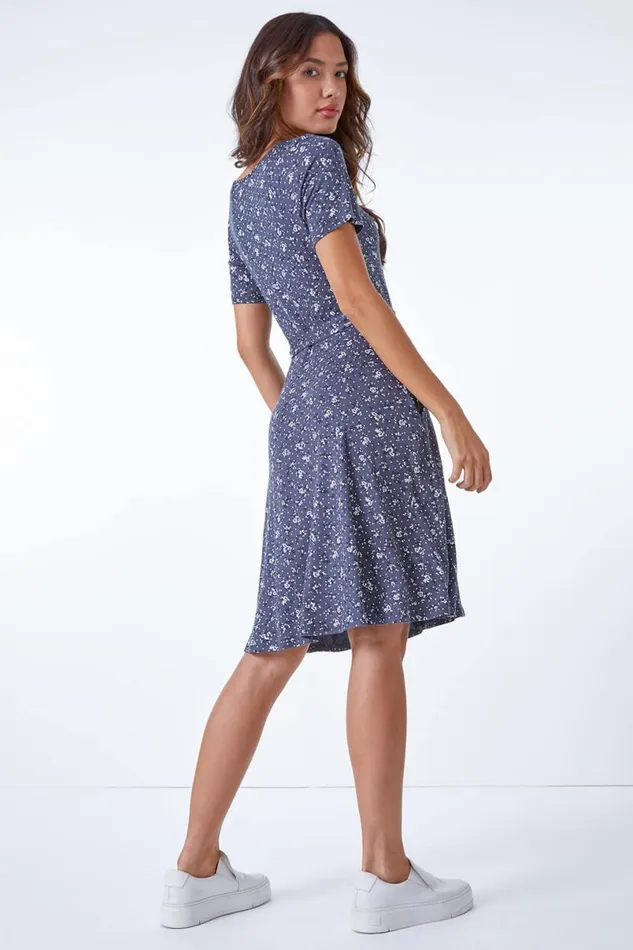 Dark Grey Ditsy Floral Fit and Flare Dress Women Roman Dresses