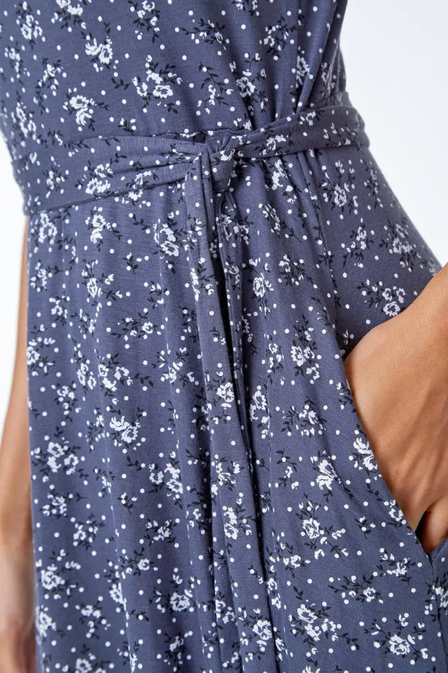 Dark Grey Ditsy Floral Fit and Flare Dress Women Roman Dresses
