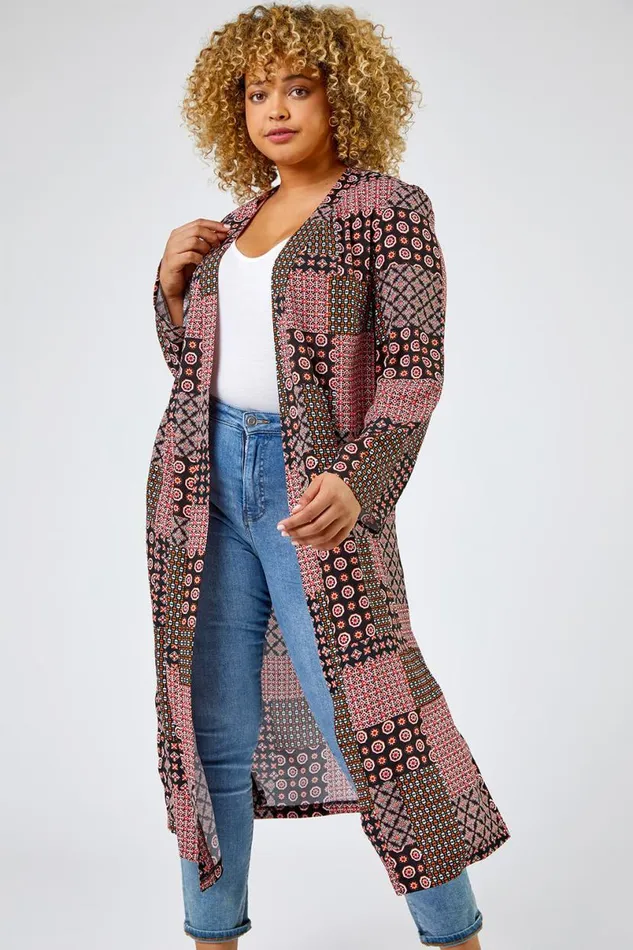 Dark Orange Curve Patchwork Geo Print Kimono Women Roman Jackets