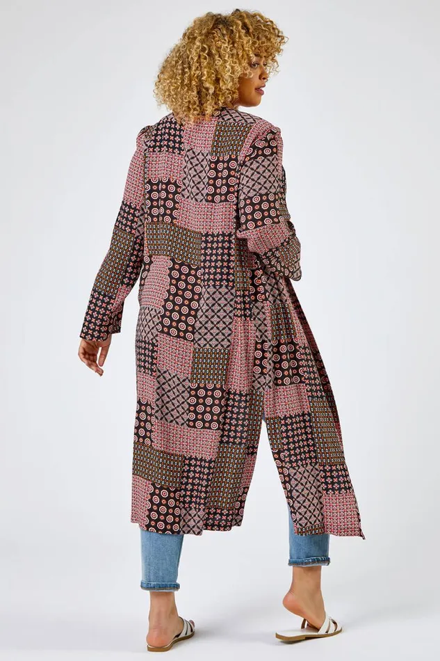 Dark Orange Curve Patchwork Geo Print Kimono Women Roman Jackets