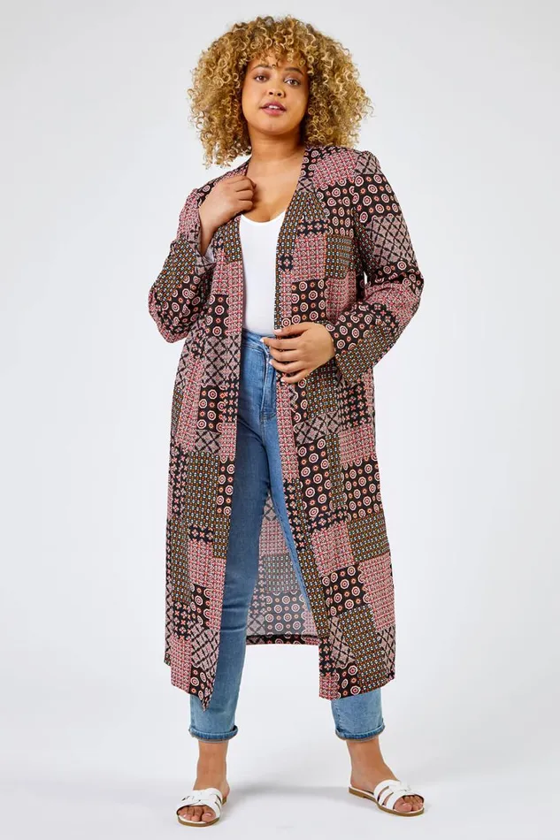 Dark Orange Curve Patchwork Geo Print Kimono Women Roman Jackets